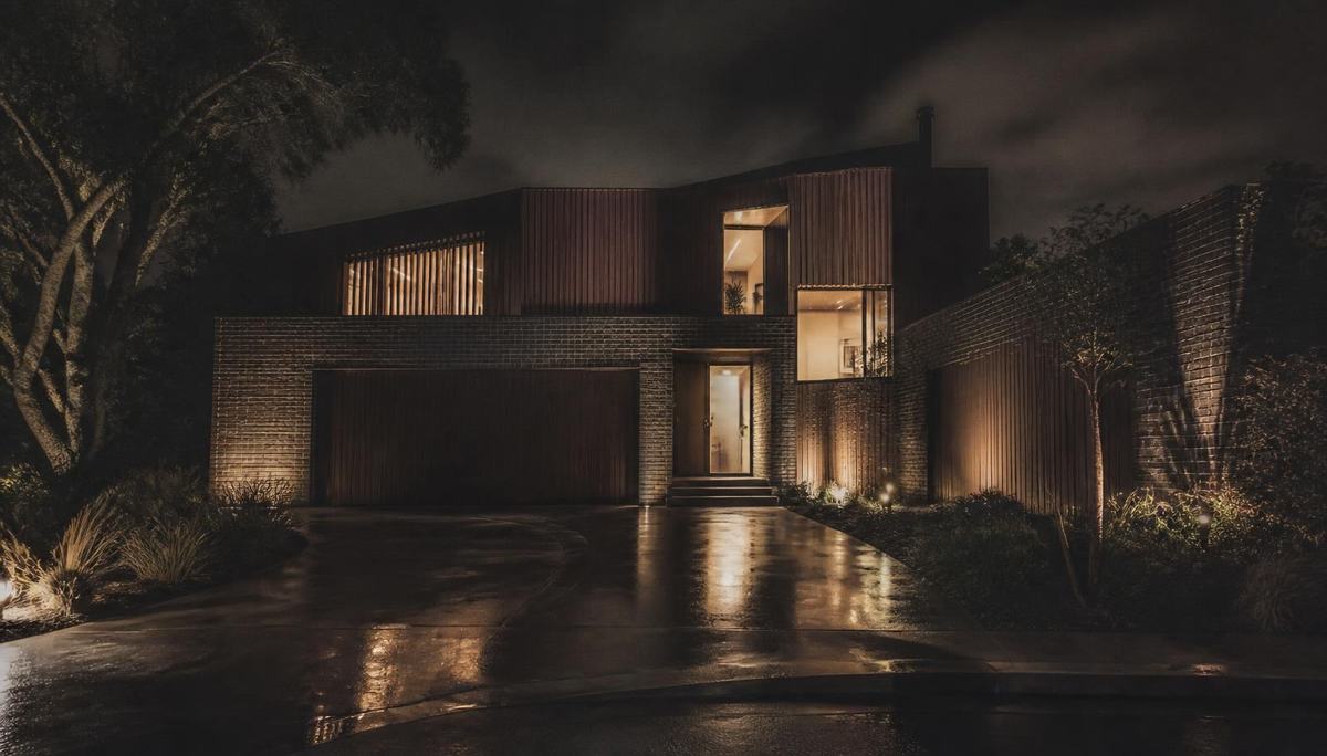 Completed architect-designed home at night with dark brick and timber cladding, warm light through tall windows reflecting on a wet driveway